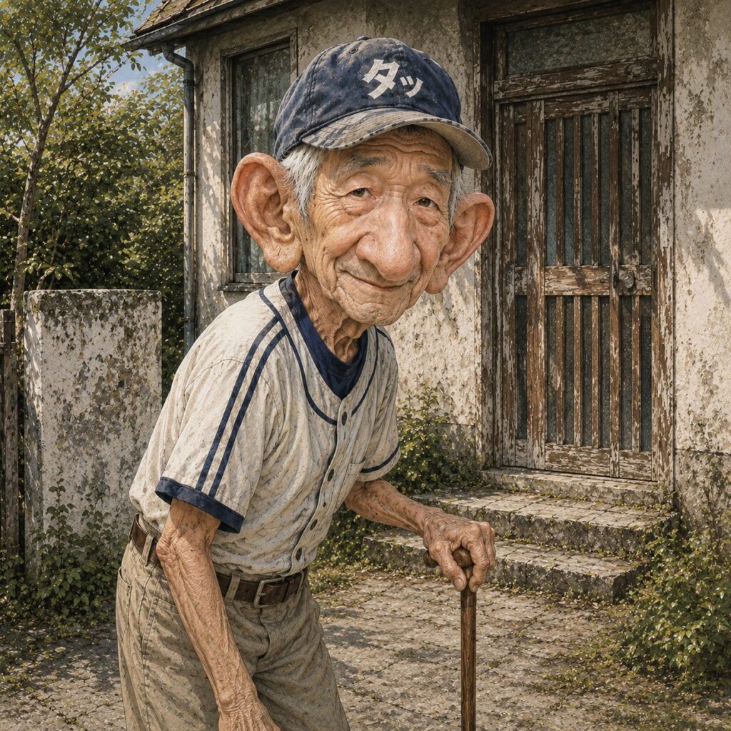 70年の時を経て古びた家の前に立つ、80歳になったタッカーズ少年の姿を描いたイラスト。身長192cmながら細くやせ、少し腰を曲げて杖をついている。くたびれた「タッ」マーク入りの野球帽を今もかぶり、白髪がのぞいている。耳と鼻は年齢とともに大きくなり、まるで魔法使いのおじいさんのような優しい雰囲気を漂わせている。