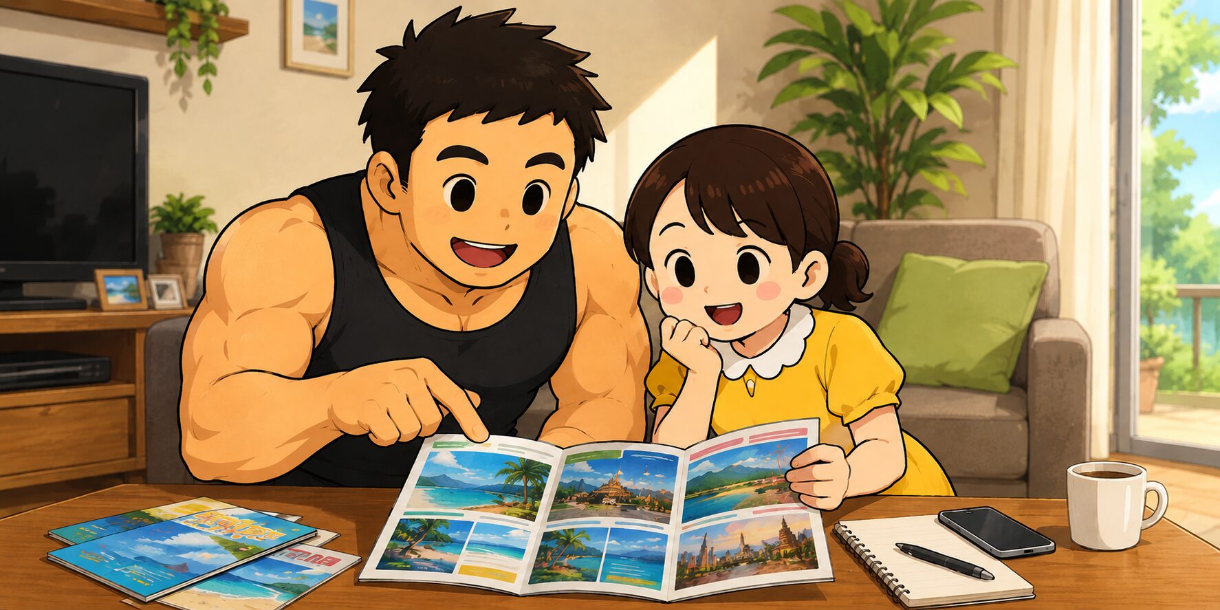 リビングのテーブルで旅行パンフレットを広げながら、次の旅行先について楽しそうに相談しているマッチョな高身長の旦那さんと、小柄なチーちゃんのイラスト。二人とも黒目だけのシンプルで可愛い目で描かれており、南国の景色が載ったパンフレットを見ながら笑顔になっている。部屋には観葉植物やソファ、コーヒーカップなどがあり、明るく温かい雰囲気が広がっている。