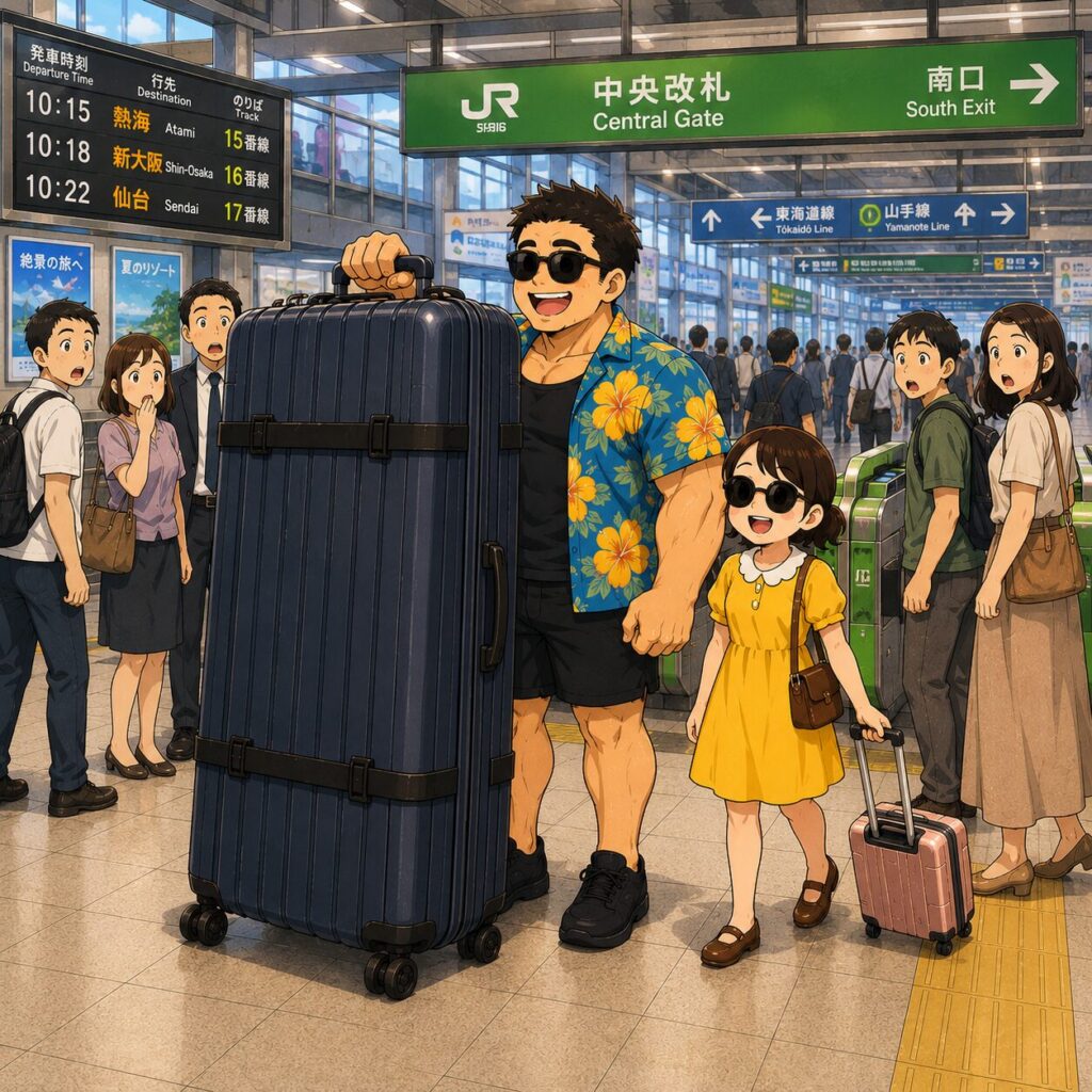 駅の中央改札前で、サングラスをかけた身長192cm・体重115kgのマッチョな旦那さんが、巨大すぎるキャリーバッグを笑顔で引いているイラスト。旦那さんはアロハシャツの前を全開にしており、隣には身長148cmの小柄なチーちゃんが、小さなキャリーバッグを引きながら楽しそうに歩いている。周囲の人たちは、あまりにも大きなキャリーバッグに驚いた表情で見つめている。駅構内には「中央改札」などの案内板が並び、旅行前のワクワクした雰囲気が描かれている。
