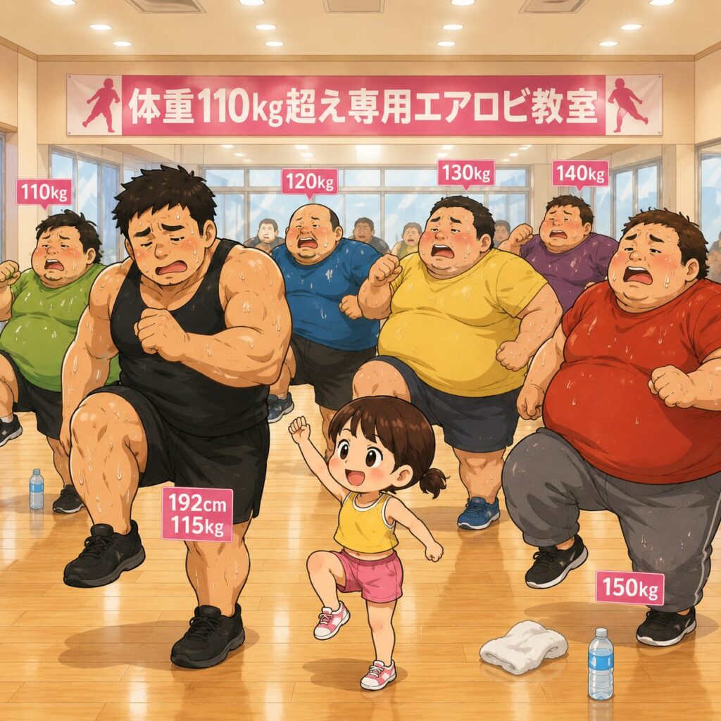 明るいエアロビ教室で、「体重110kg超え専用エアロビ教室」のレッスンを受けている大柄な男性たちのコミカルなイラスト。身長192cm・体重115kgのマッチョな旦那さんをはじめ、110kg〜150kgのおもリッチさん達が大量の汗を流しながら必死にエアロビを頑張っている。一方、先生の小柄なチーちゃんだけは汗ひとつかかず、笑顔で元気いっぱいに踊っている。床にはタオルや水筒も置かれ、ハードな運動の雰囲気が伝わる楽しい教室風景になっている。