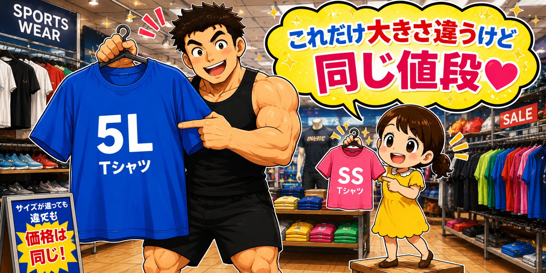 スポーツ量販店の店内で、身長192cm・胸囲123cmのマッチョな旦那さんが大きな青色の5LサイズTシャツを持ち、小柄なチーちゃんがピンク色のSSサイズTシャツを持ちながら、「これだけ大きさ違うけど同じ値段💛」と紹介しているコミカルなイラスト。店内にはスポーツウェアやシューズが並び、サイズ違いの極端さがひと目で分かる楽しい構図になっている。