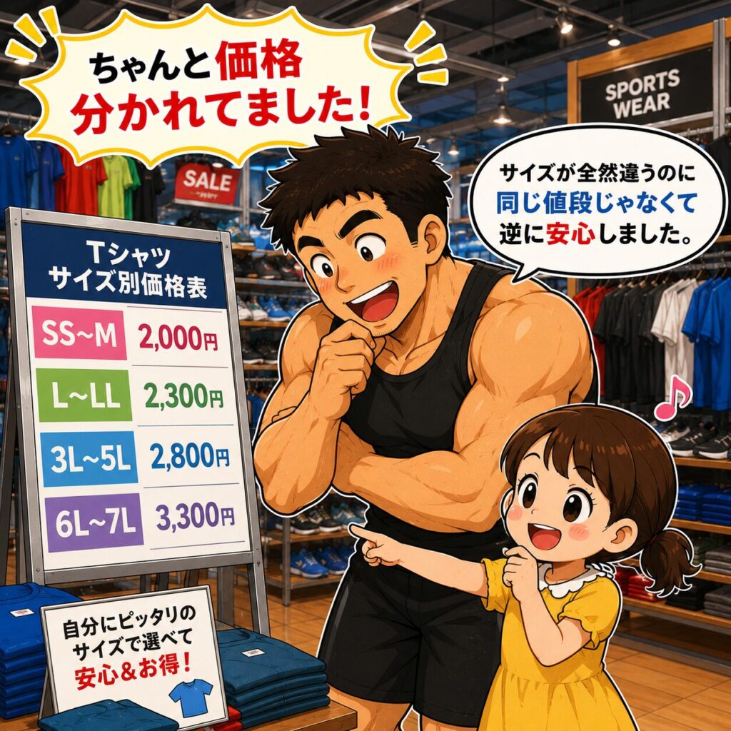 スポーツ量販店の店内で、マッチョな高身長の旦那さんと小柄なチーちゃんが、Tシャツのサイズ別価格表を見ながら納得した表情をしているイラスト。価格表には「SS〜M 2,000円」「L〜LL 2,300円」「3L〜5L 2,800円」「6L〜7L 3,300円」と書かれており、サイズごとに値段が分かれていることを確認して安心している様子。周囲にはカラフルなスポーツウェアが並び、明るい店内の雰囲気になっている。