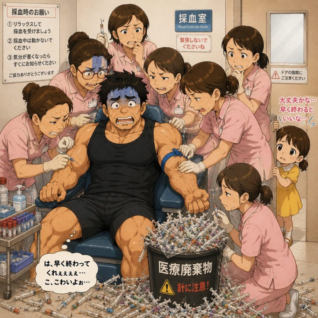 病院の採血ルームで、身長192cm・胸囲123cmのマッチョなタッカーズの旦那さんが、顔を真っ青にしながら採血椅子に座っているコミカルなイラスト。周囲には複数の看護師さん達が集まり、「血管が見えない！」と困りながら何度も採血に挑戦している。床やごみ箱には失敗した大量の注射器が山のように積まれており、旦那さんは「早く終わってくれ…」と怯えた表情をしている。ドアの隙間からは、小柄なチーちゃんが心配そうに中をのぞいている。採血室全体が大騒ぎになっている、オーバーサイズ俱楽部らしい大げさでユーモラスな光景。