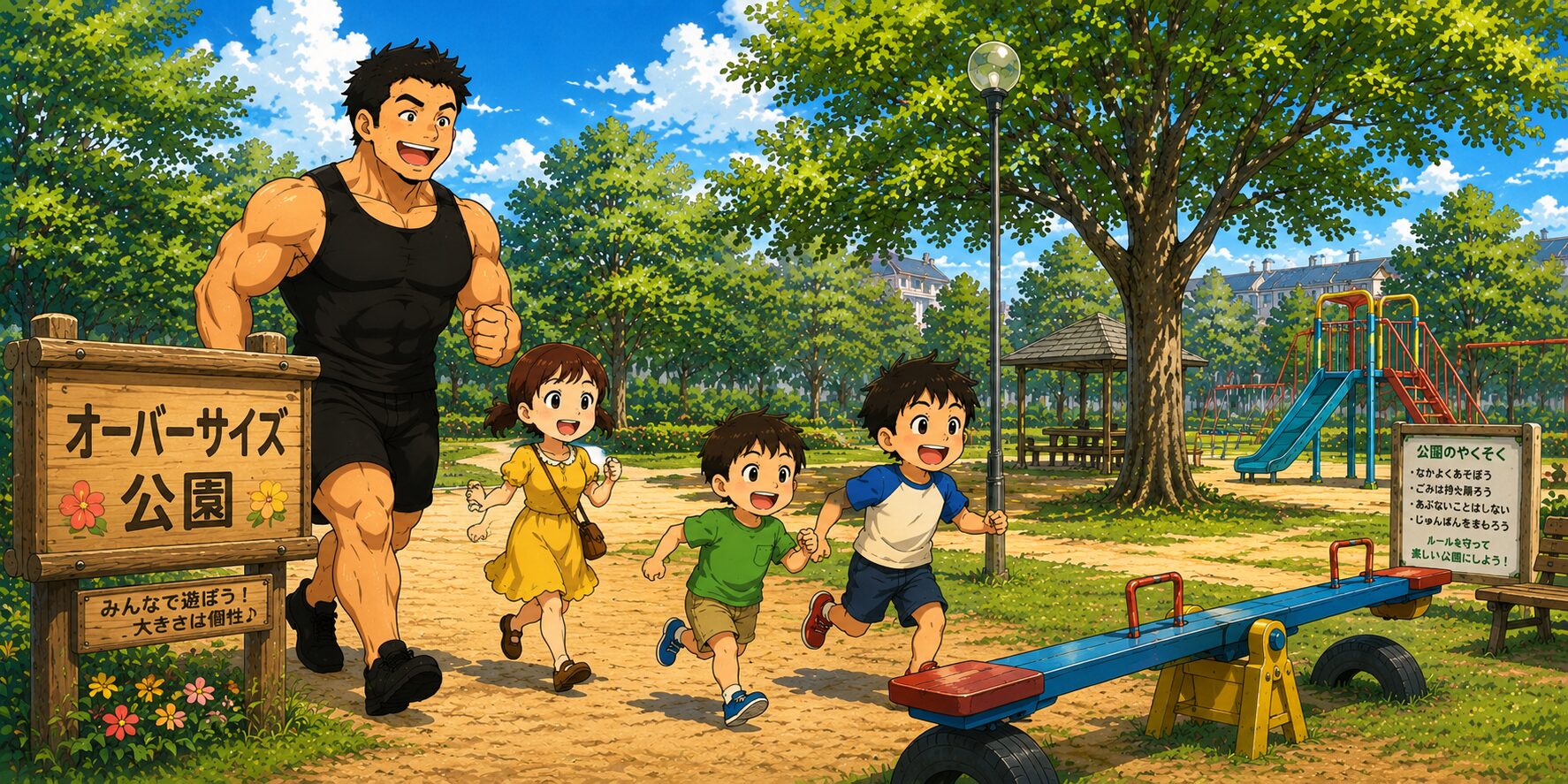 「オーバーサイズ公園」と書かれた木製看板のある明るい公園で、身長192cmのマッチョなお父さん、小柄なチーちゃん、小学1年生と小学3年生の息子たちが、シーソーに向かって楽しそうに走っていくイラスト。子ども達は目を輝かせながら先頭を走り、お父さんとチーちゃんも笑顔で後ろからついていっている。公園内には滑り台やブランコ、木陰のベンチなどがあり、家族で休日を満喫している温かい雰囲気が描かれている。