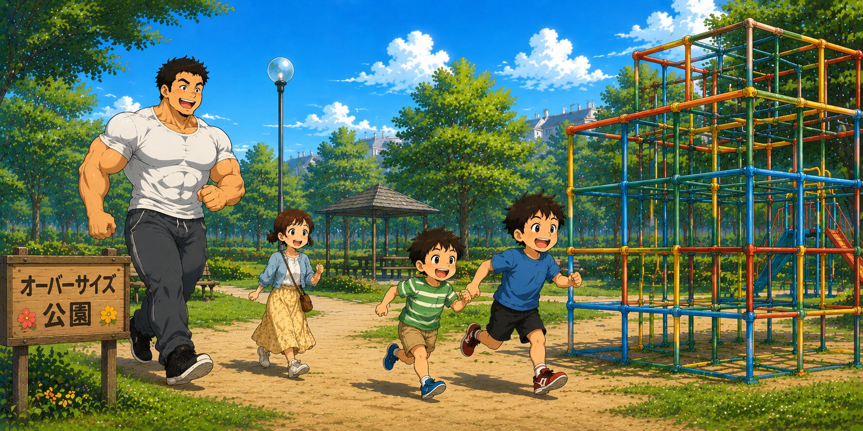 「オーバーサイズ公園」のカラフルなジャングルジムに向かって、家族4人が楽しそうに走っていくアニメ風イラスト。身長192cmの大きなお父さんは白いTシャツ姿で笑顔、小柄なチーちゃんは子ども達とあまり身長差がない可愛らしいサイズ感で後ろからついていっている。小学1年生と小学3年生の息子たちは大はしゃぎでジャングルジムへ駆け寄っており、青空と緑いっぱいの公園全体が明るく楽しい雰囲気に包まれている。