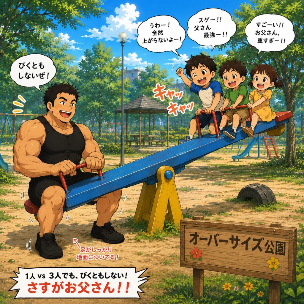 「オーバーサイズ公園」のシーソーで遊ぶ家族4人のコミカルなイラスト。身長192cm・体重115kgのマッチョなお父さんが一人でシーソーの片側に座っているが、地面からまったく浮かず、足もしっかり地面についたままになっている。反対側には小学1年生と小学3年生の息子たち、そして小柄なチーちゃんの3人が並んで座り、必死にバランスを取ろうとしているが全然動かない。それでも子ども達は「スゲー！」「お父さん最強！」と大興奮で笑顔いっぱい。青空と緑に囲まれた公園で、家族みんなが楽しそうに遊んでいる様子が描かれている。