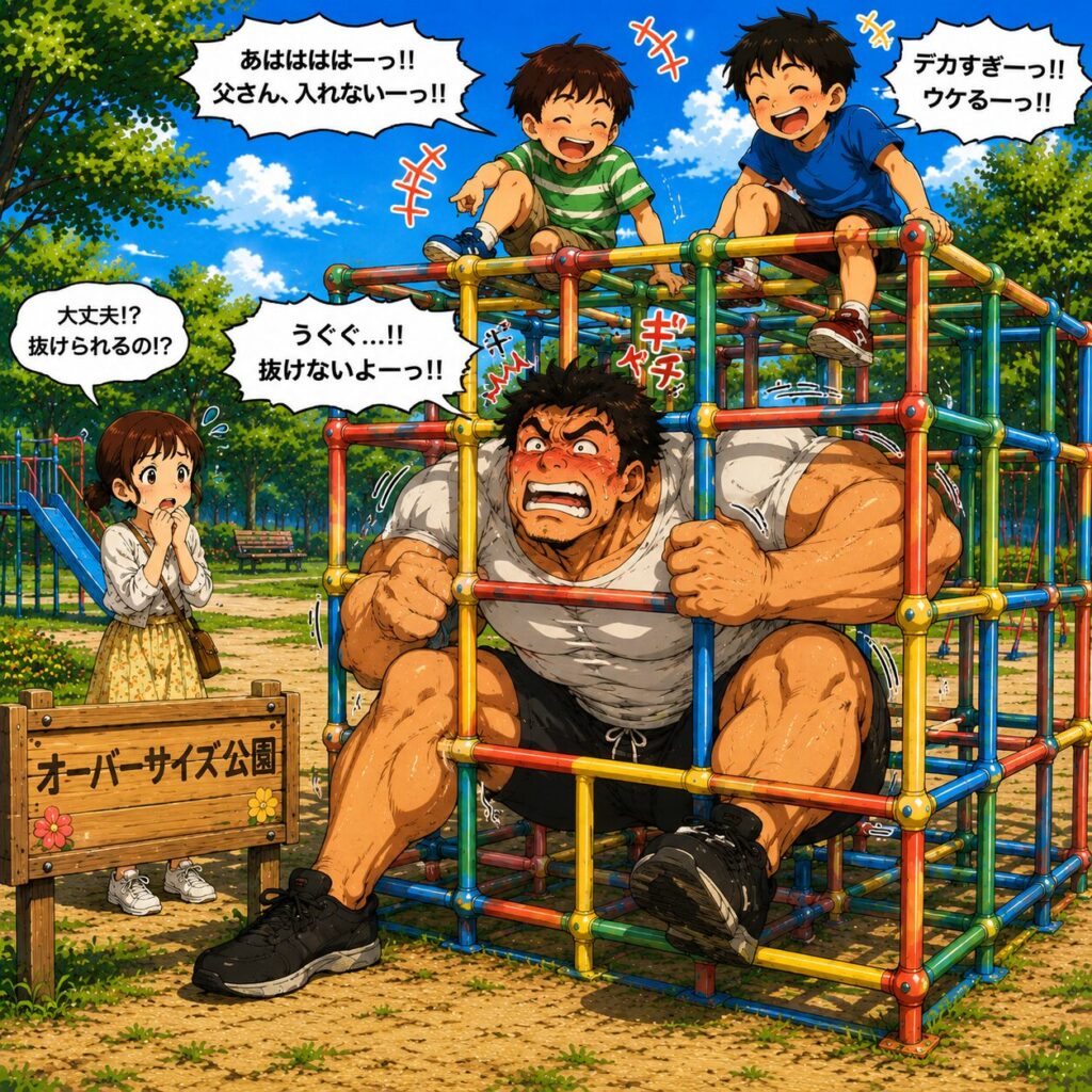 「オーバーサイズ公園」のカラフルなジャングルジムで、身長192cm・胸囲123cmの大きなお父さんが鬼ごっこをしようとしてジャングルジムの中に入ったものの、体が大きすぎて途中で完全に挟まってしまっているコミカルなイラスト。お父さんは顔を真っ赤にして「抜けないよーっ!!」ともがきながら必死に脱出しようとしている。ジャングルジムの上では小学1年生と小学3年生の息子たちが「父さん入れないー!!」「デカすぎーっ!!」と大笑いしており、小柄なチーちゃんは少し離れた場所から「大丈夫!? 抜けられるの!?」と心配そうに見守っている。青空と緑に囲まれた公園全体が、家族の笑い声に包まれた楽しい雰囲気になっている。