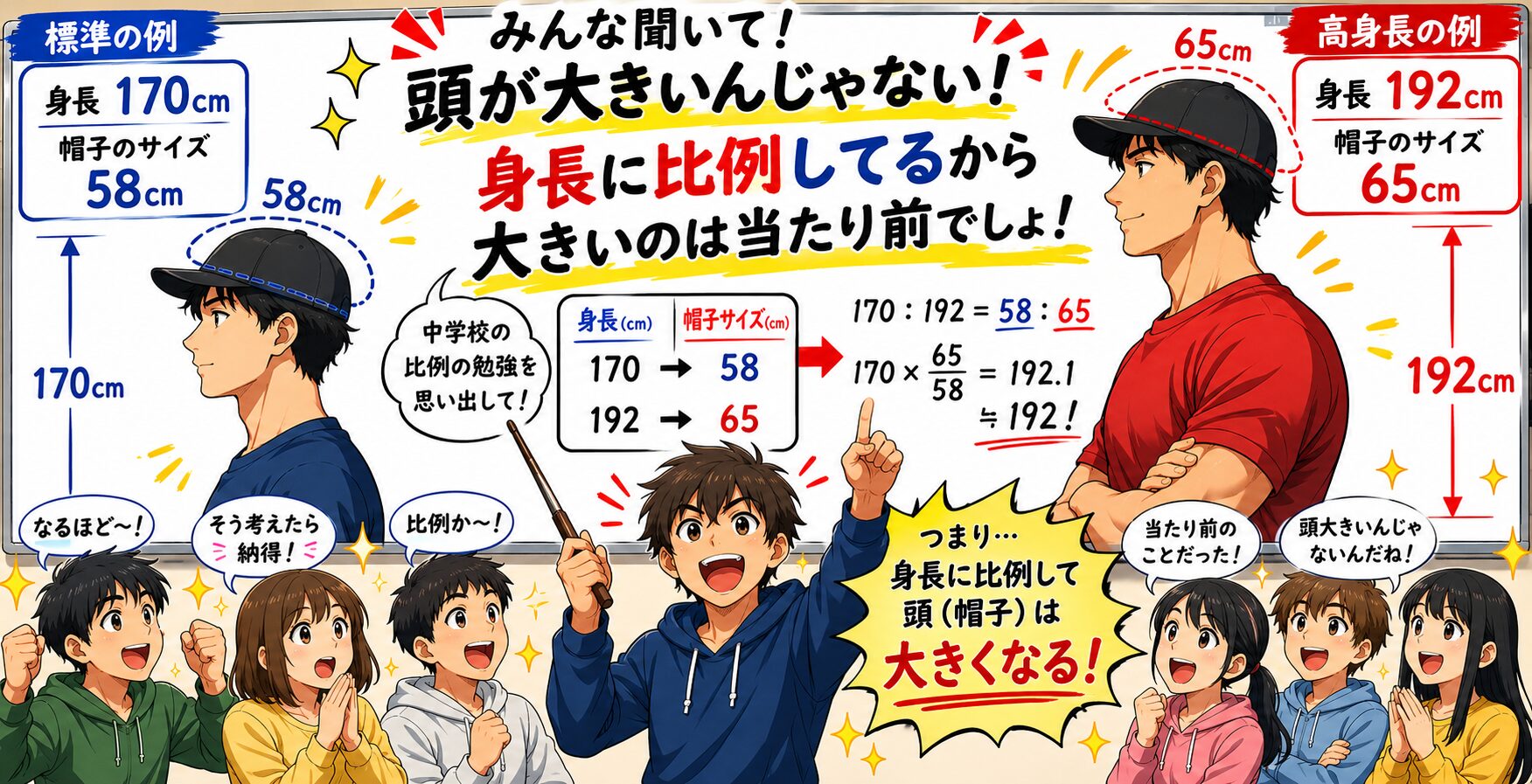 「身長170cm・帽子58cmの男性と、身長192cm・帽子65cmの男性を比較しながら、『頭が大きいのではなく身長に比例しているだけ！』と熱弁する漫画風イラスト。中学校の比例の勉強を例に、周囲のみんなが納得している様子が描かれている。」