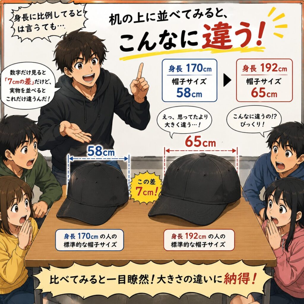 「机の上に並べられた58cmと65cmの帽子を見比べながら、『数字だと7cm差なのに、実物はこんなに違うの!?』と周囲が驚いている漫画風イラスト。身長170cm用と192cm用の帽子サイズ比較を通して、大きさの違いが一目で分かる様子が描かれている。」