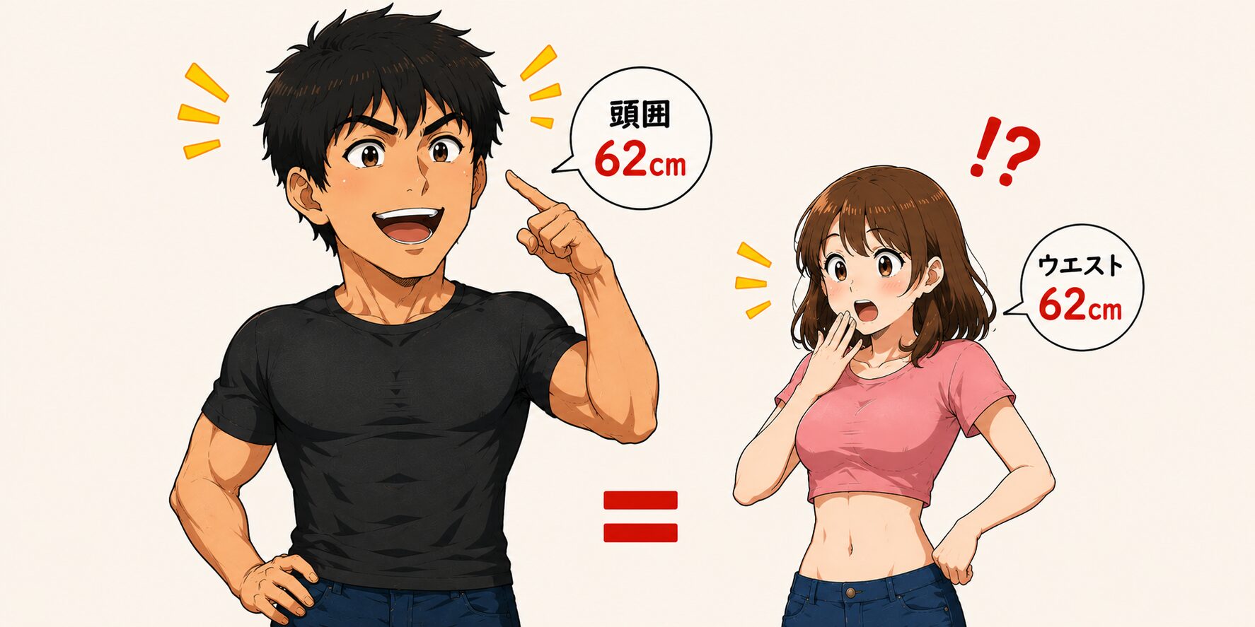 「頭囲62cmの大きな頭を指差してアピールする筋肉質な男性と、ウエスト62cmの女性が『同じ62cm！？』と驚いている漫画風イラスト。男性は体格に対して頭が大きく描かれ、数字は同じでもスケール感の違いに驚く様子がコミカルに表現されている。」