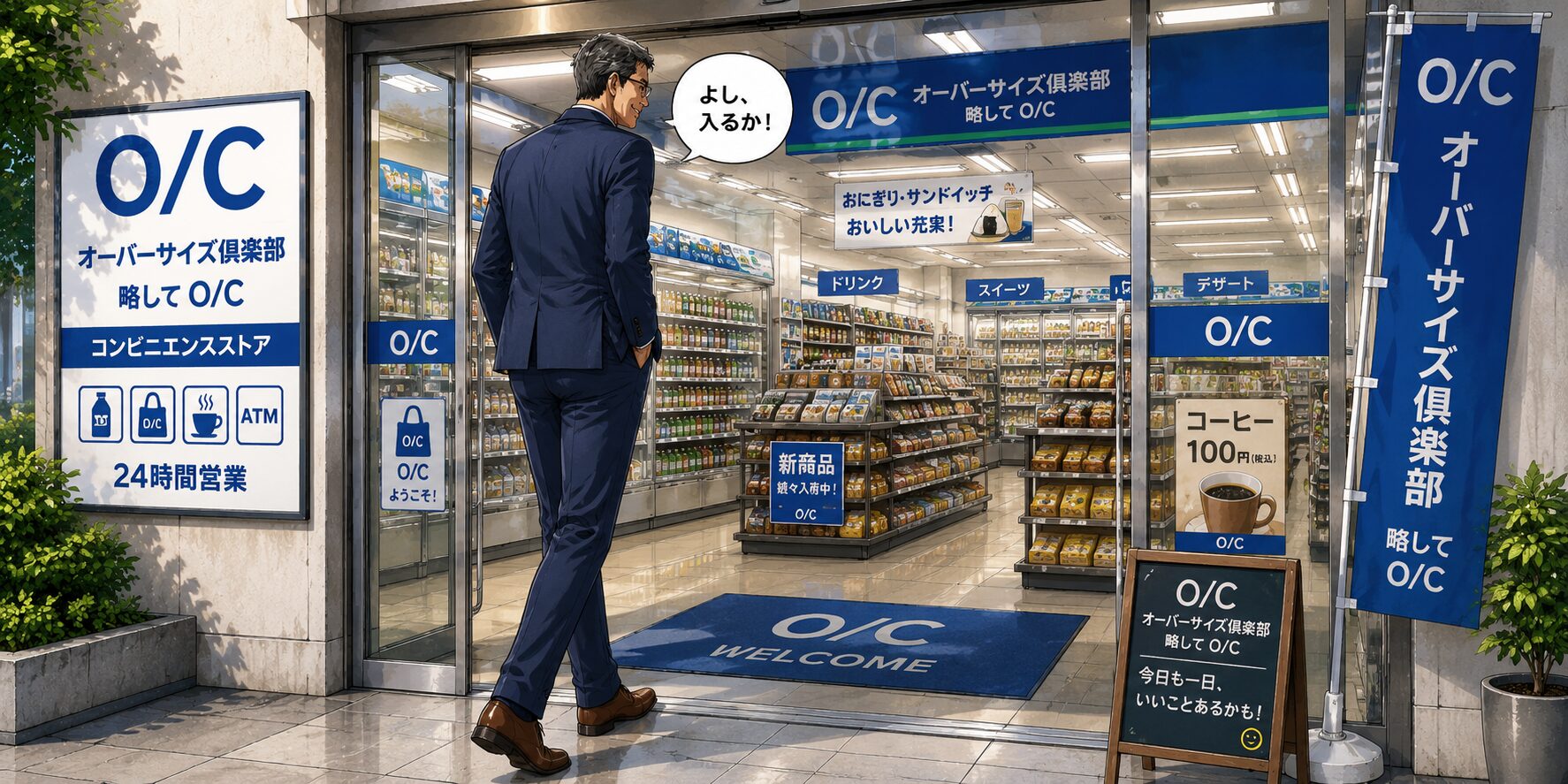 「O/C（オーバーサイズ俱楽部）」という青い看板のコンビニに、紺色のスーツを着た身長192cmの高身長男性が入店しようとしているイラスト。広めの入り口と明るい店内を見ながら、ゆったりとした足取りで店へ向かう様子が描かれている。