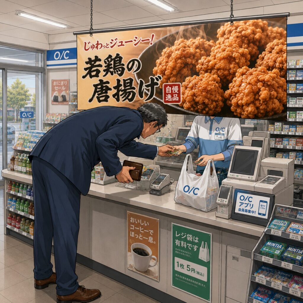 コンビニ「O/C」のレジ前で、身長192cmの高身長男性が低く吊られた唐揚げ広告を避けるために大きくかがみながら会計をしているコミカルなイラスト。広告で店員の顔が隠れてしまい、お金や商品を受け渡ししづらそうな様子が描かれている。