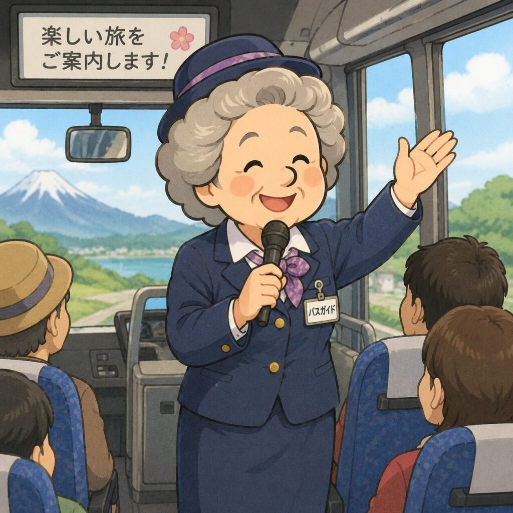 笑顔のオババがバスガイドの制服を着て、観光バスの車内でマイクを持ちながら案内しているイラスト。乗客たちは席に座って話を聞いており、窓の外には富士山や自然豊かな景色が広がっている。明るく親しみやすい雰囲気が描かれている。