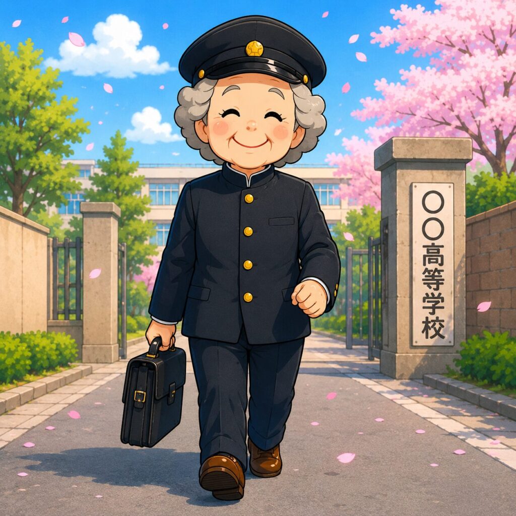 学帽と学ラン姿のオババが、学生カバンを手に持ち、高校の正門前を笑顔で歩いているイラスト。桜の花びらが舞う春の通学路を背景に、まるで新入生になったかのように胸を張って正面からこちらへ向かってくる様子が描かれている。