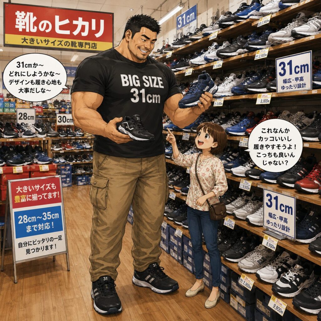 大きいサイズ専門店「靴のヒカリ」の店内で、身長192cm・足サイズ31cmの男性が複数の靴を手に取りながら楽しそうに選んでいる。隣では小柄な奥さんが「これもいいんじゃない？」と笑顔で靴を指差しており、夫婦で靴選びを満喫している。店内には31cmや28cm～35cm対応のサイズ表示があり、大きいサイズの靴が豊富に並んでいる。