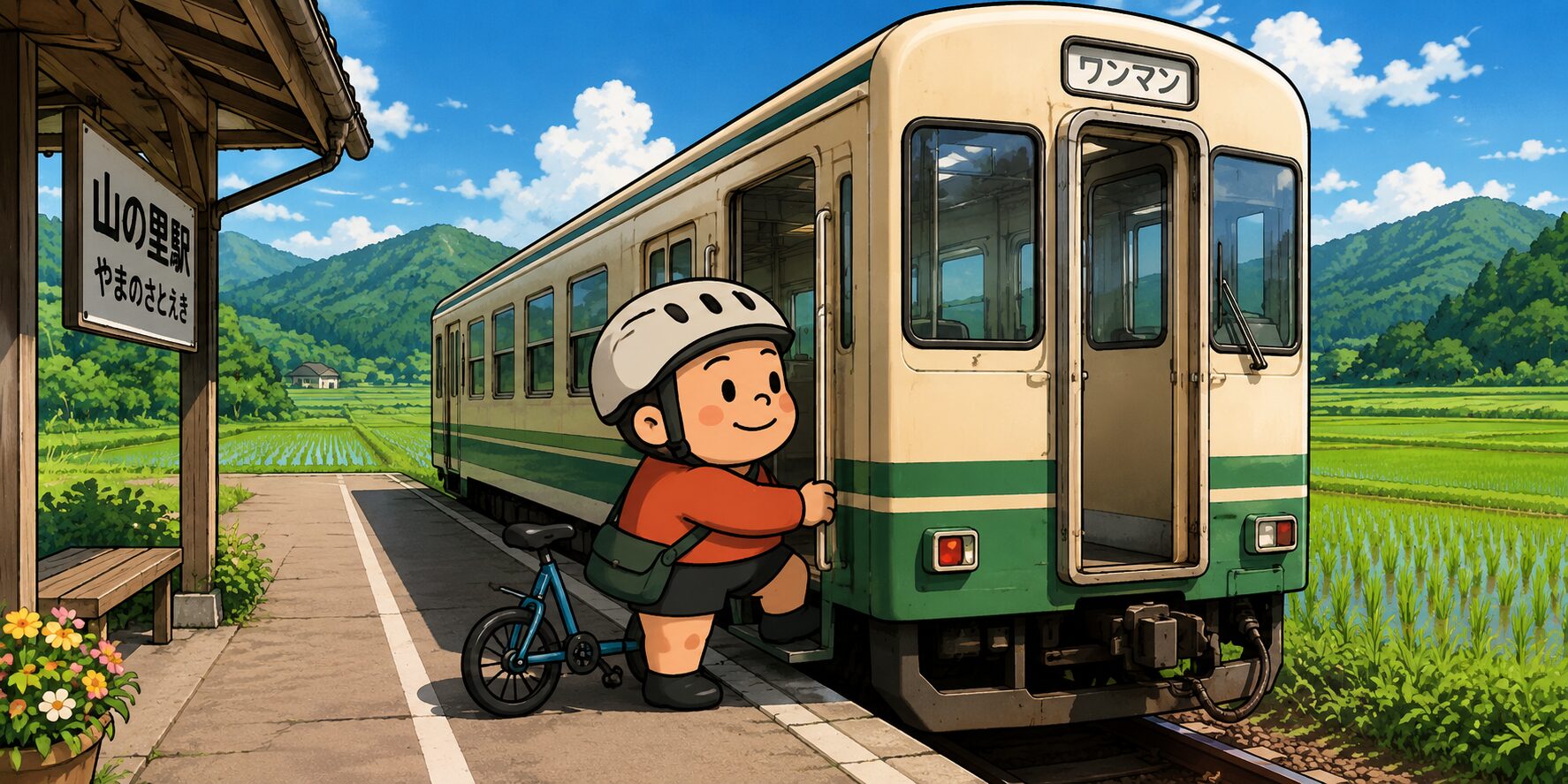 田んぼと山々に囲まれた小さなローカル駅で、ヘルメット姿のモモ神さんが一両だけの電車へ乗り込む様子。ホームには誰もおらず、静かな田舎の風景とのんびりした旅情が感じられるイラスト。