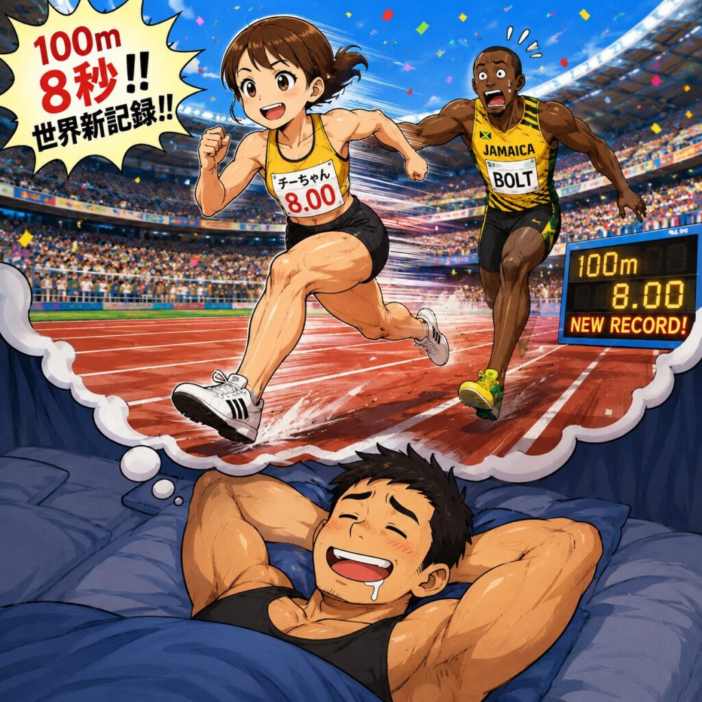 ベッドで気持ちよさそうに眠る筋肉質な高身長男性が見ている夢を描いたコミカルなイラスト。夢の中では、小柄な女性チーちゃんが極太で筋肉隆々の脚を手に入れ、満員の陸上競技場で100m走を全力疾走している。チーちゃんは笑顔で圧倒的なスピードを見せ、後方では世界トップクラスの短距離選手が驚愕の表情で追いかけている。電光掲示板には驚異的なタイムが表示され、観客席は大歓声。下では男性が「もしチーちゃんに自分のモモ神の足を付けたら…」という妄想に満足そうな表情で眠っている、オーバーサイズ俱楽部らしいユーモアあふれる夢のワンシーン。