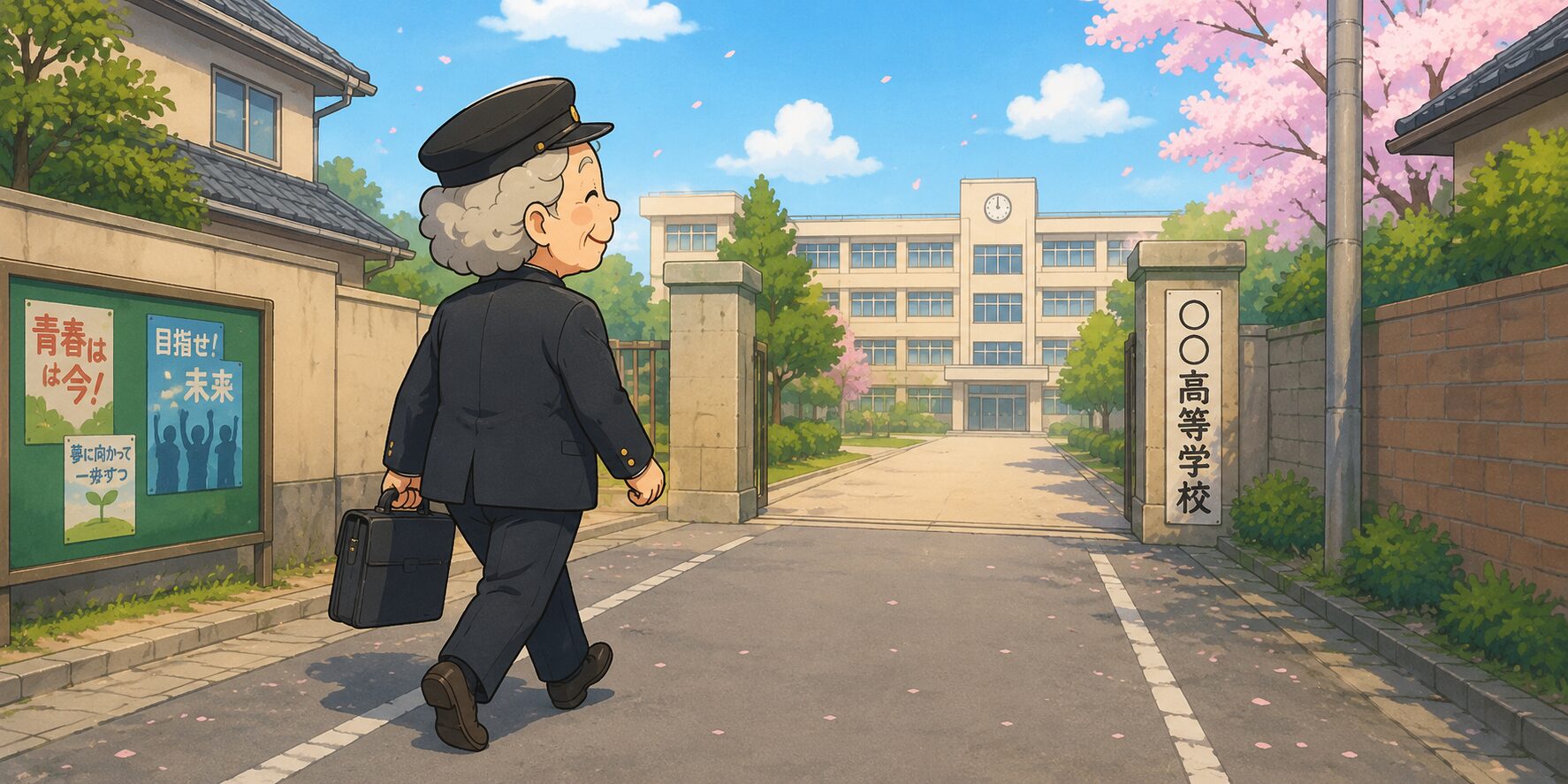 学帽をかぶり学ラン姿になったオババが、黒い学生カバンを手に持ちながら高校へ向かって歩いているコミカルなイラスト。桜が舞う春の通学路の先には高校の校舎が見え、オババは懐かしい青春時代を思い出したような優しい笑顔を浮かべている。