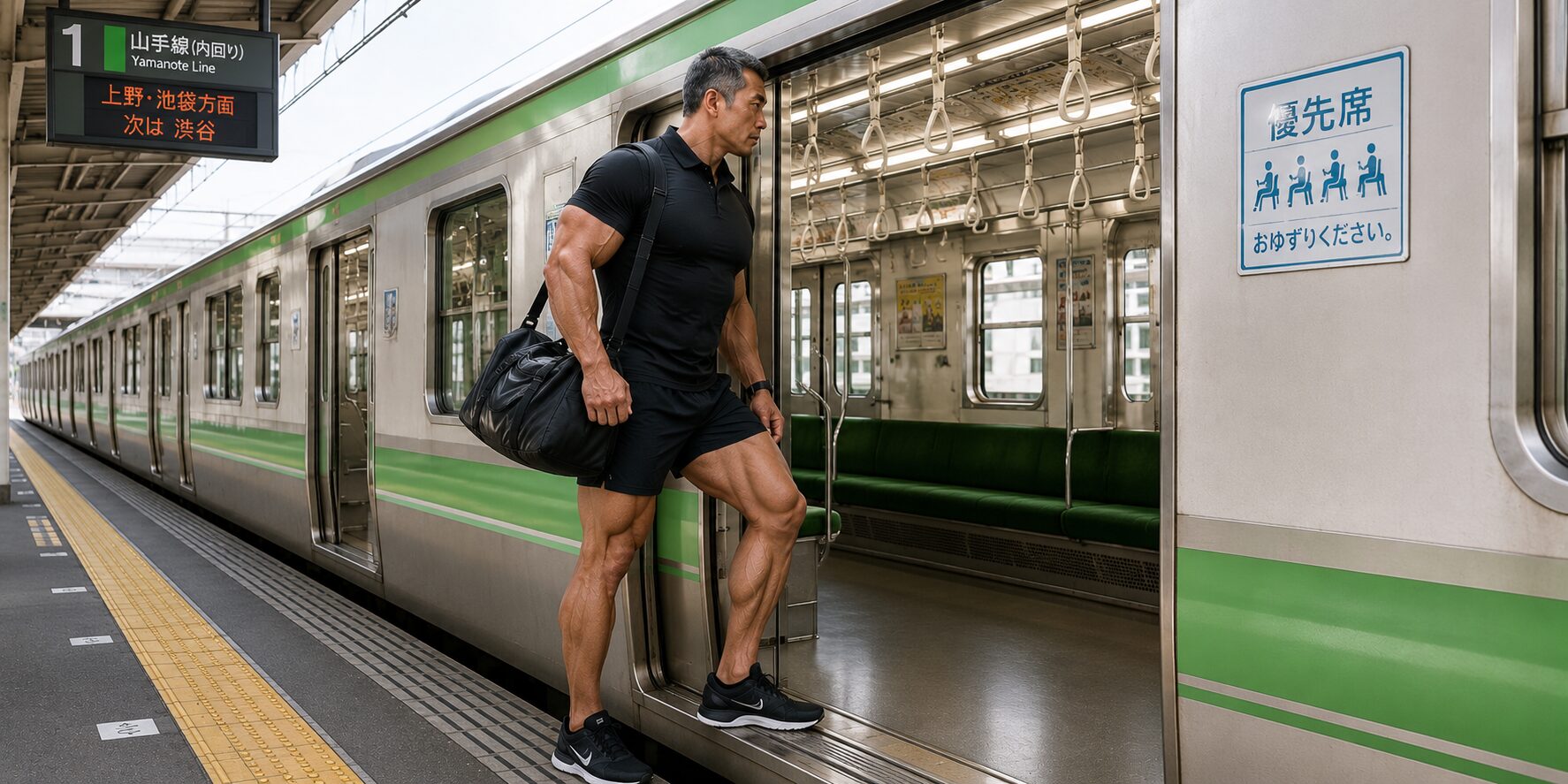 空いている電車に乗り込もうとしている、身長192cm・胸囲123cmの大柄な男性。ホームから車内へ足を踏み入れる瞬間で、広い肩幅とたくましい体格が電車のドアいっぱいに見える様子が印象的なイラスト。