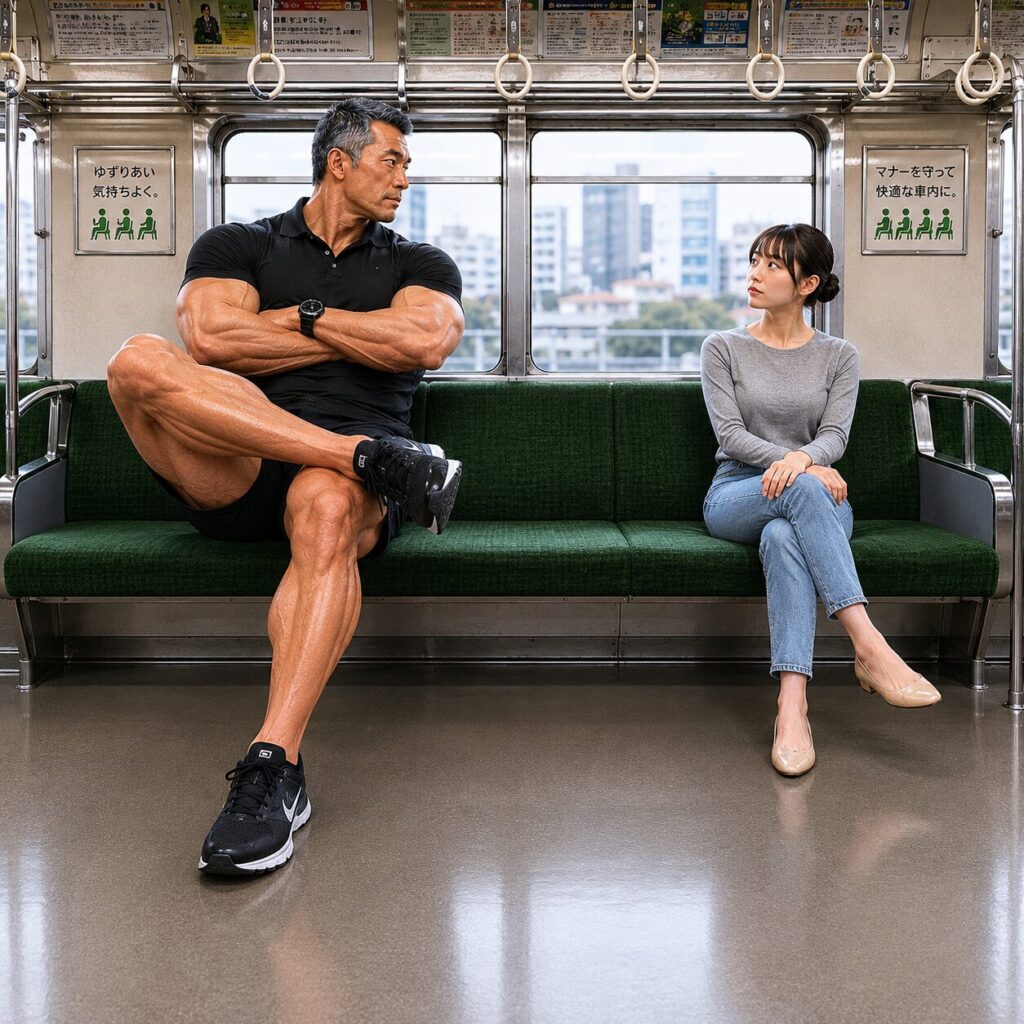 空いている電車のロングシートで足を組むオーバーサイズ俱楽部のタッカーズさん。太い太ももで4の字固めのような姿勢になり、足先が大きく前へ張り出している。一方、席を1つ空けた隣では細身の若い女性が同じように足を組んでいるものの、ほとんど場所を取らず、両者の違いが際立つコミカルなイラスト。