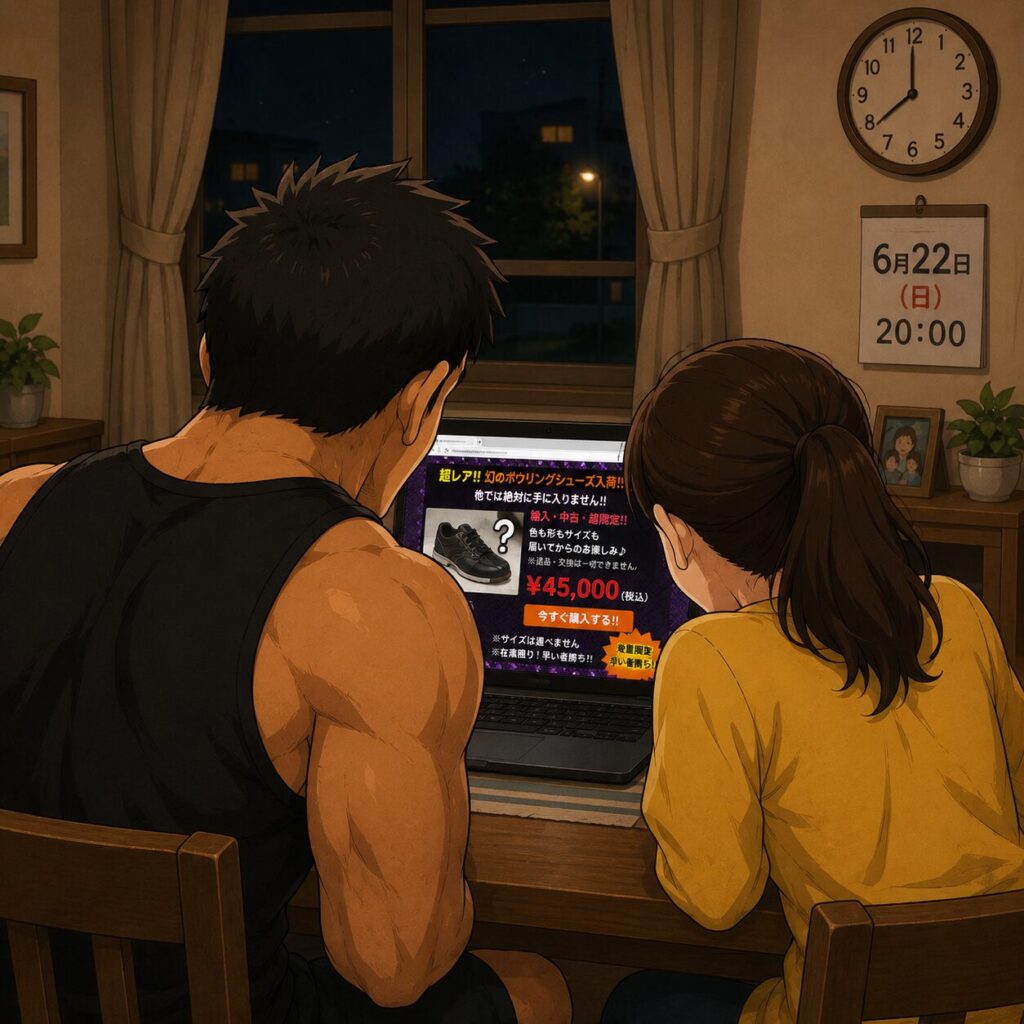 夜8時の自宅ダイニングで、身長192cm・足31cmの旦那さんと、身長148cm・足22cmのチーちゃんが並んでノートパソコンをのぞき込んでいる。画面には「輸入・中古・45,000円」「色も形もサイズも届いてからのお楽しみ」と書かれた怪しげなボウリングシューズ販売サイトが表示されており、二人が半信半疑で検索結果を見つめている様子を描いたコミカルなイラスト。