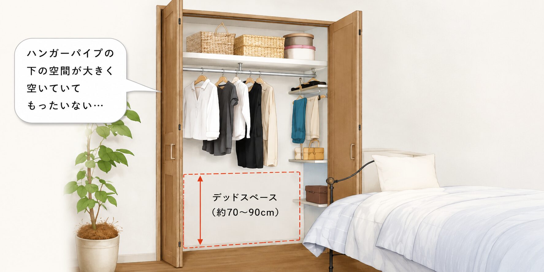 新築住宅でよく見られるクローゼット内部。枕棚の直下にハンガーパイプが設置されているため、衣類の下側に約70～90cm程度の空間が空いている。収納量を増やす工夫の余地があることを解説するイメージ。