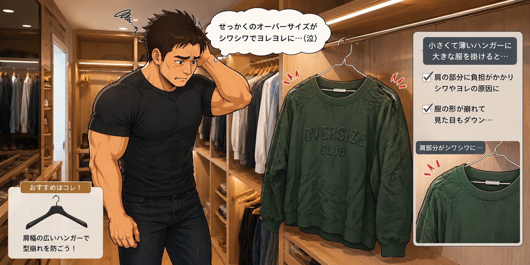 ウォークインクローゼットで大きなサイズの服を収納している様子。肩幅の広い服が細いハンガーに無理やり掛けられているため、肩部分がヨレヨレになり、型崩れしている。服を見つめる高身長の男性が残念そうな表情を浮かべている。