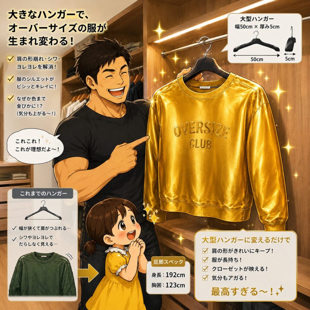 ウォークインクローゼットの中で、身長192cm・胸囲123cmの男性と小柄な女性が、大型ハンガーに掛けられたオーバーサイズの服を見て喜んでいる。以前は肩部分が型崩れしていた服が、大きなハンガーによってきれいなシルエットになり、まるで金色に輝いて見える様子をコミカルに表現したイラスト。