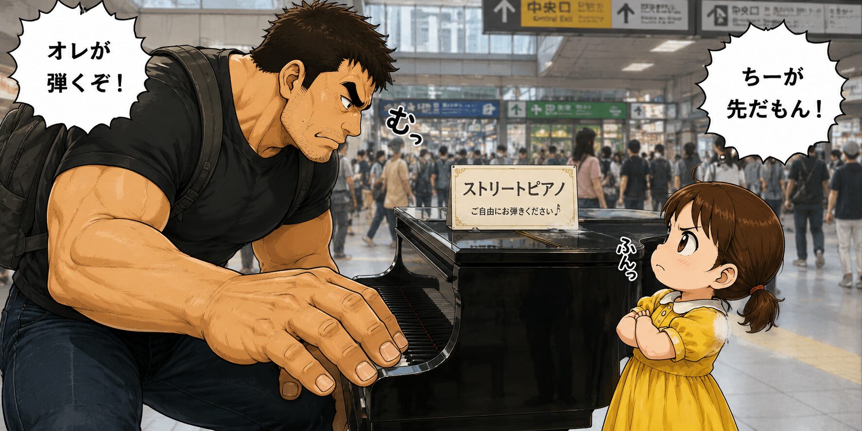 駅の改札外に設置されたストリートピアノの前で、身長192cm・体重115kgの大柄なお父さんと、身長148cmの小柄なチーちゃんがにらみ合っているマンガ風イラスト。お父さんは大きな手をピアノの鍵盤に伸ばし、チーちゃんは腕を組みながら負けじと見つめ返している。どちらが先に演奏するかを巡るコミカルな対決の様子が描かれている。