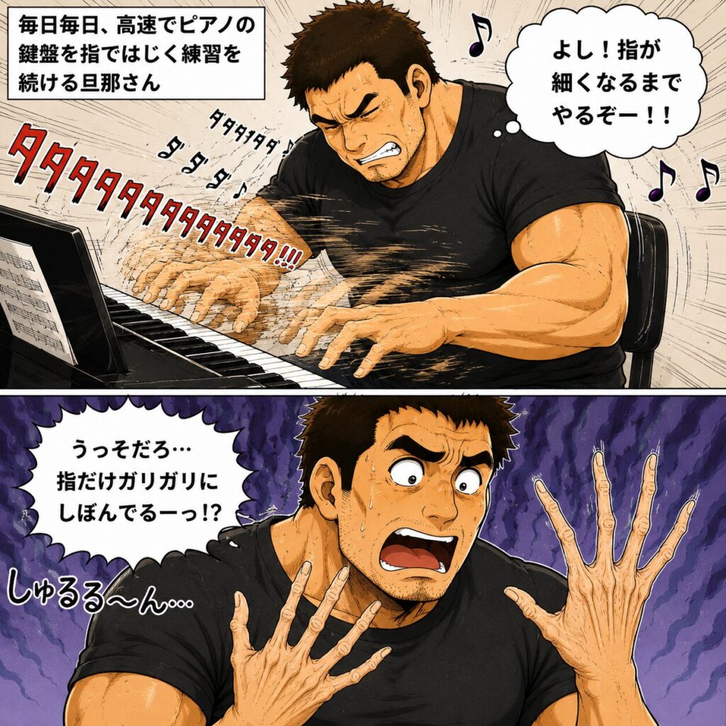 上下2コマのマンガ風イラスト。上段では身長192cm、胸囲123cmの大柄な男性が、指を細くしようと高速でピアノを弾く練習を続けている。下段では数か月後、体格はそのままなのに指だけが極端に細くしぼんでしまい、自分の手を見て驚いている様子が描かれている。