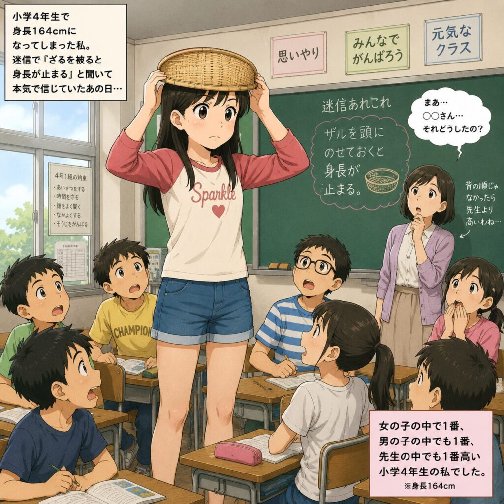 小学4年生で身長164cmになった背の高い女の子が、身長が止まるという地域の迷信を信じて、頭に竹製の丸いザルを被りながら教室に立っているマンガ風イラスト。周囲のクラスメイトや先生たちは驚いた表情で見上げており、女の子は同級生や先生よりもひときわ背が高く描かれている。