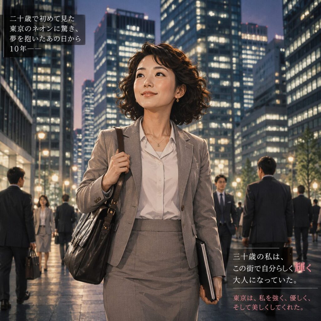 高層ビルが立ち並ぶ東京のオフィス街を背景に、30歳になったオババがスーツ姿で颯爽と歩いているイラスト。20歳の頃に初めて見たネオン街に憧れた少女が、10年後には都会に溶け込むキャリアウーマンとして活躍している様子を描いている。