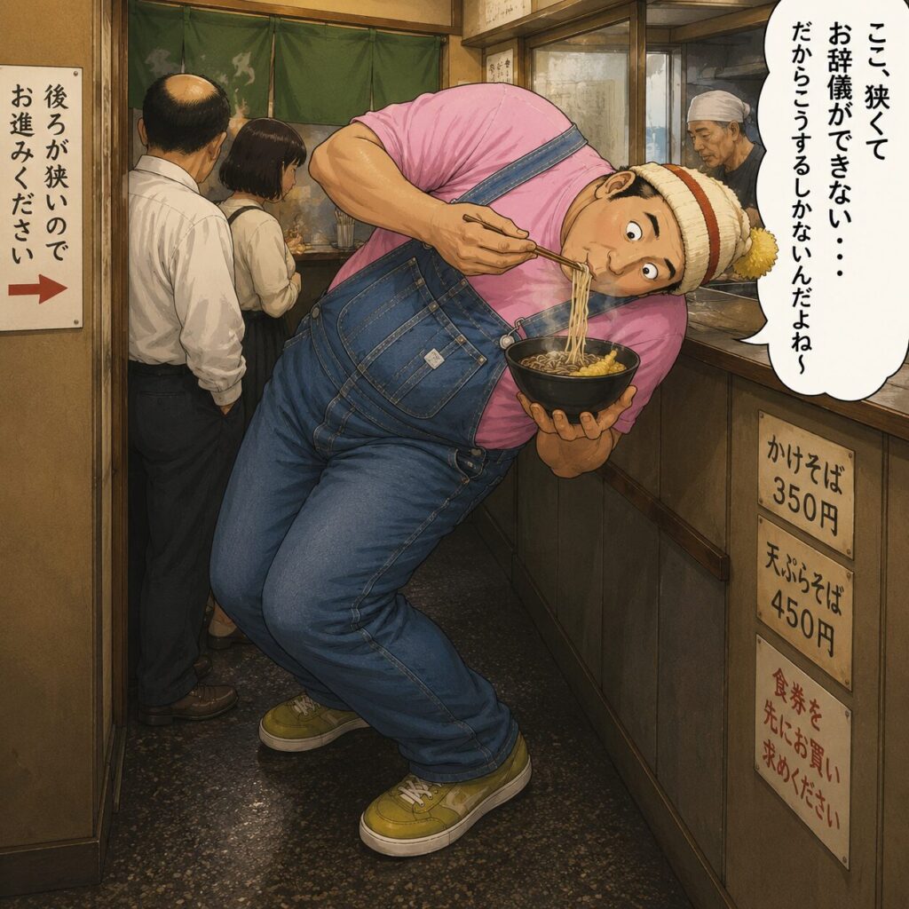 後ろの通路が狭く、前にも十分にかがめない立ち食いそば屋で、大柄な男性が体を斜めに傾けながらそばを食べているマンガ風イラスト。まるでバランス芸のような姿勢で食事を続ける様子が笑いを誘う作品。