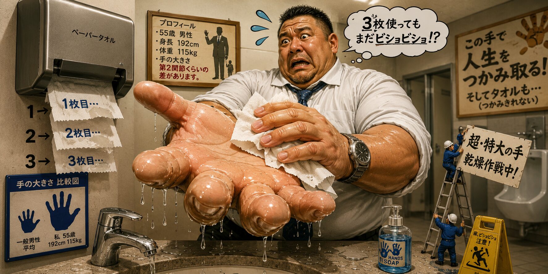 身長192cm・体重115kgの大柄なお父さんが、トイレの洗面台で巨大な手をペーパータオル3枚使って拭いている。しかし手はまだびしょ濡れで、水滴がポタポタ落ちている。困った表情のお父さんと、一般的な手との大きさ比較が描かれたコミカルなイラスト。