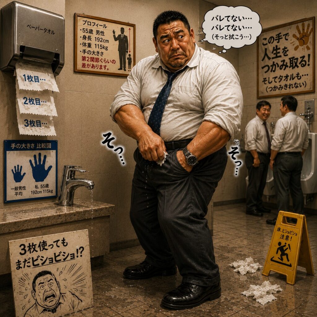 身長192cmで手が非常に大きい55歳の男性が、トイレでペーパータオルを3枚使っても手の水を拭ききれず、周囲に気付かれないようズボンのポケット付近でこっそり手を拭いているコミカルなイラスト。男性は「バレてない…バレてない…」と念じながら周囲を気にしており、床には使い終わったペーパータオルが散らばっている。大きな手からはまだ水滴が垂れている。