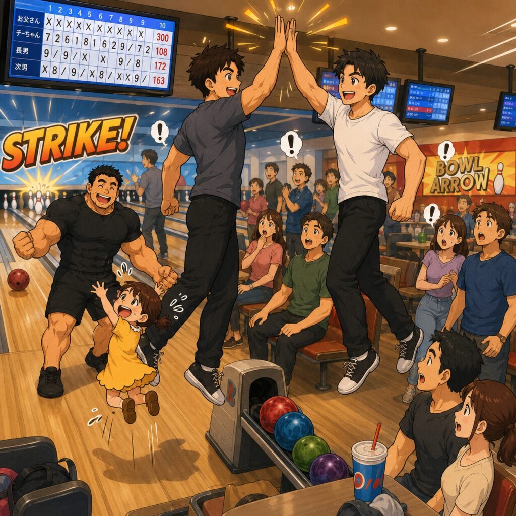 ボウリング場で盛り上がる家族のイラスト。身長184cmと188cmの兄弟が周囲の人たちが驚くほど高い位置でハイタッチをしている。一方、隣のレーンではストライクを出した身長148cmのチーちゃんが、身長192cmの大きな父さんとハイタッチしようと何度もジャンプするが全く届かず、周りの家族連れやカップルが笑顔で見守っている。