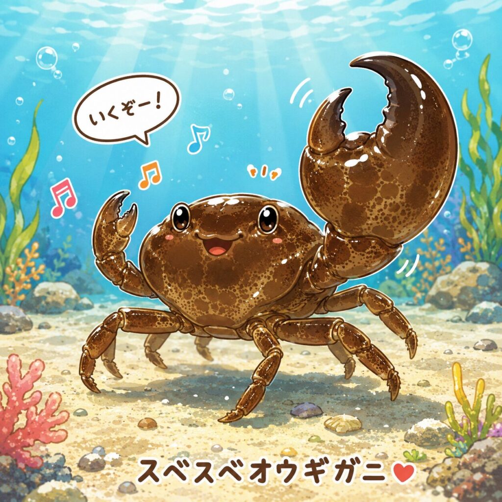 大きな右のハサミと小さな左のハサミが特徴のスベスベオウギガニが、明るい海底で楽しそうに歩いている漫画風の可愛いイラスト。