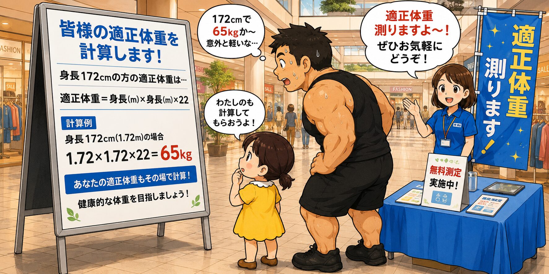 ショッピングモールのイベント会場で、「皆様の適正体重を計算します！」と書かれた立て看板を見つめる、身長192cm・体重115kgのマッチョマンタッカーズの旦那さんと、身長148cmの小柄な奥さん・チーちゃん。看板には「身長172cmの適正体重は65kg」と書かれており、旦那さんは「172cmで65kgか～意外と軽いな…」と驚いた表情。隣ではイベントスタッフが「適正体重測りますよ～！」と笑顔で呼びかけているコミカルなイラスト。