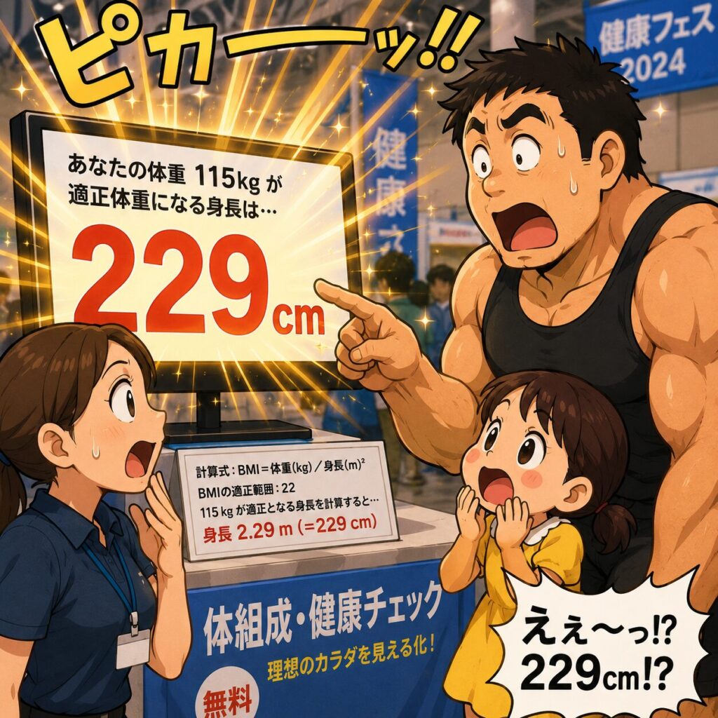 健康イベント会場で、身長192cm・体重115kgのマッチョなタッカーズの旦那が「115kgが適正体重になる身長」を計算してもらうと、モニターに大きく「229cm」と表示されて光り輝く。旦那は驚いて画面を指差し、小柄なチーちゃんとお店の女性スタッフも口を開けてびっくりしているコミカルなイラスト。