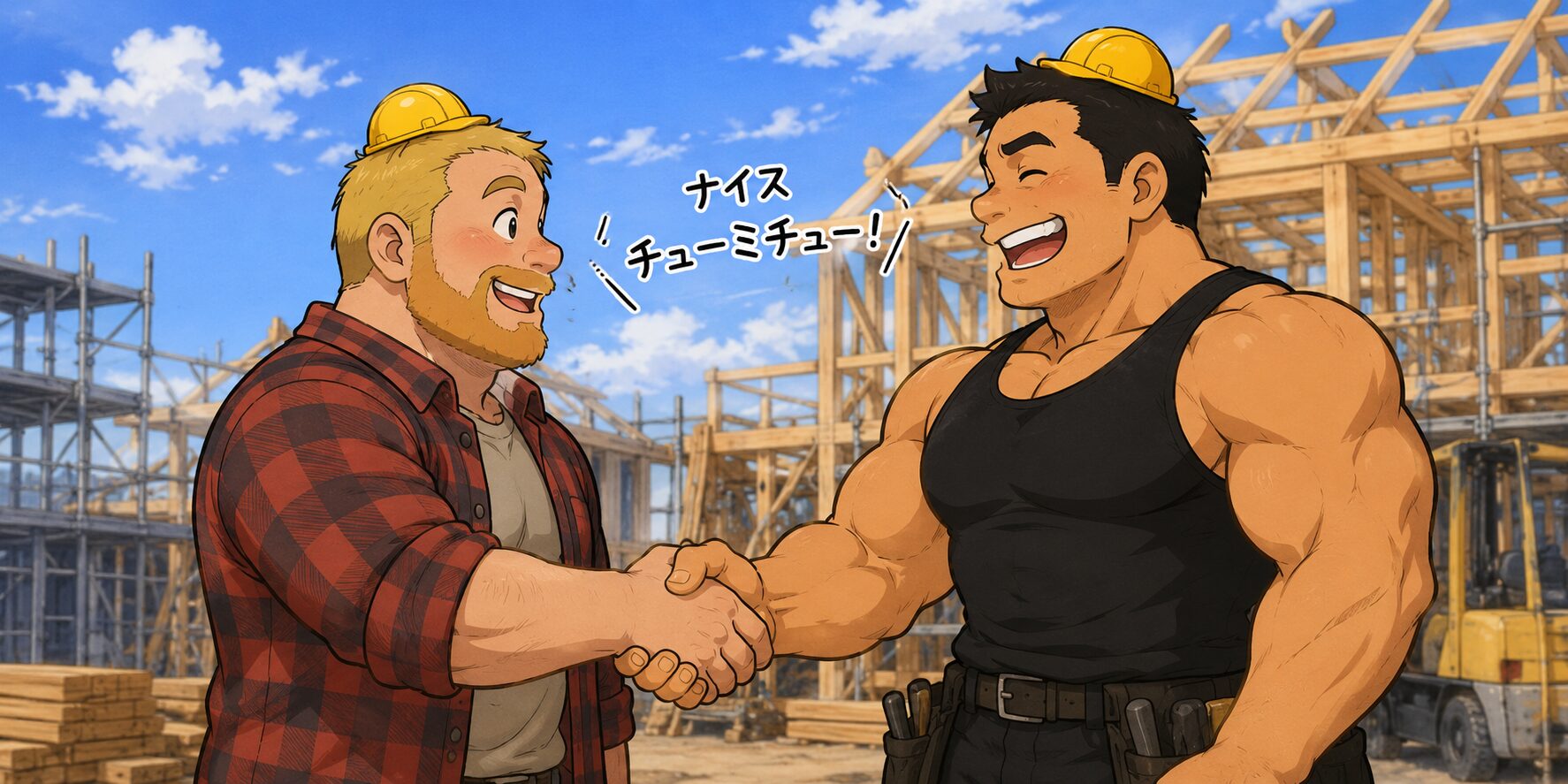 建設中の大型木造施設の現場で、身長192cm・体重115kg・胸囲123cmの筋肉質なタッカーズと、身長180cmで少し小太りのカナダ人男性が笑顔で握手を交わしているイラスト。二人とも頭に小さなヘルメットをちょこんと乗せ、「ナイスチューミチュー！」と楽しそうに挨拶している。タッカーズの方が一回り以上大きく、圧倒的な体格差が伝わる場面。