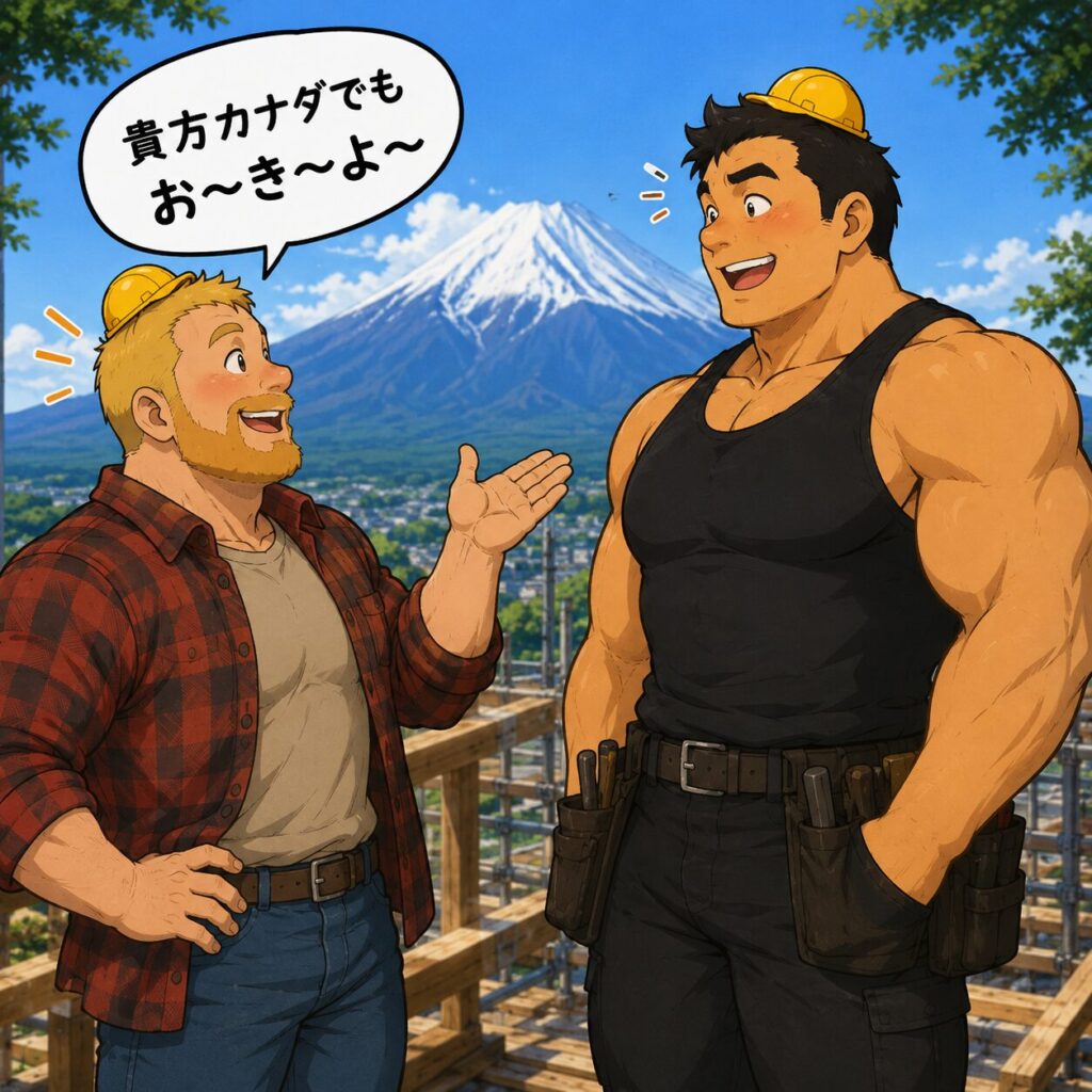 富士山が見える建設現場で、身長192cm・胸囲123cm・体重115kgの筋肉質なタッカーズと、身長180cmで少し小太りのカナダ人男性が楽しそうに会話をしているイラスト。カナダ人男性が笑顔で「貴方カナダでも お~き~よ~」と話しかけ、タッカーズが驚きながら嬉しそうな表情を浮かべている。二人とも頭には小さなヘルメットをちょこんと乗せている。
