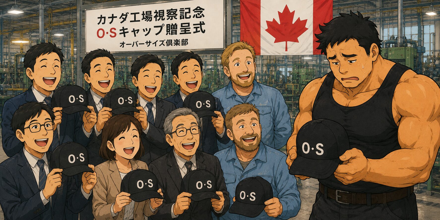 カナダの工場見学記念として「O・S」マーク入りの黒いCAPを受け取った日本人とカナダ人の総勢10名が、嬉しそうに帽子を手に持って笑顔を見せている。一方、身長192cm、胸囲123cm、頭囲62cmの大柄なデカたま様だけが、手にした帽子を見つめながら「これは絶対に被れない…」と察したような憂うつな表情を浮かべている。背景はカナダの工場内で、記念撮影の雰囲気に包まれている。