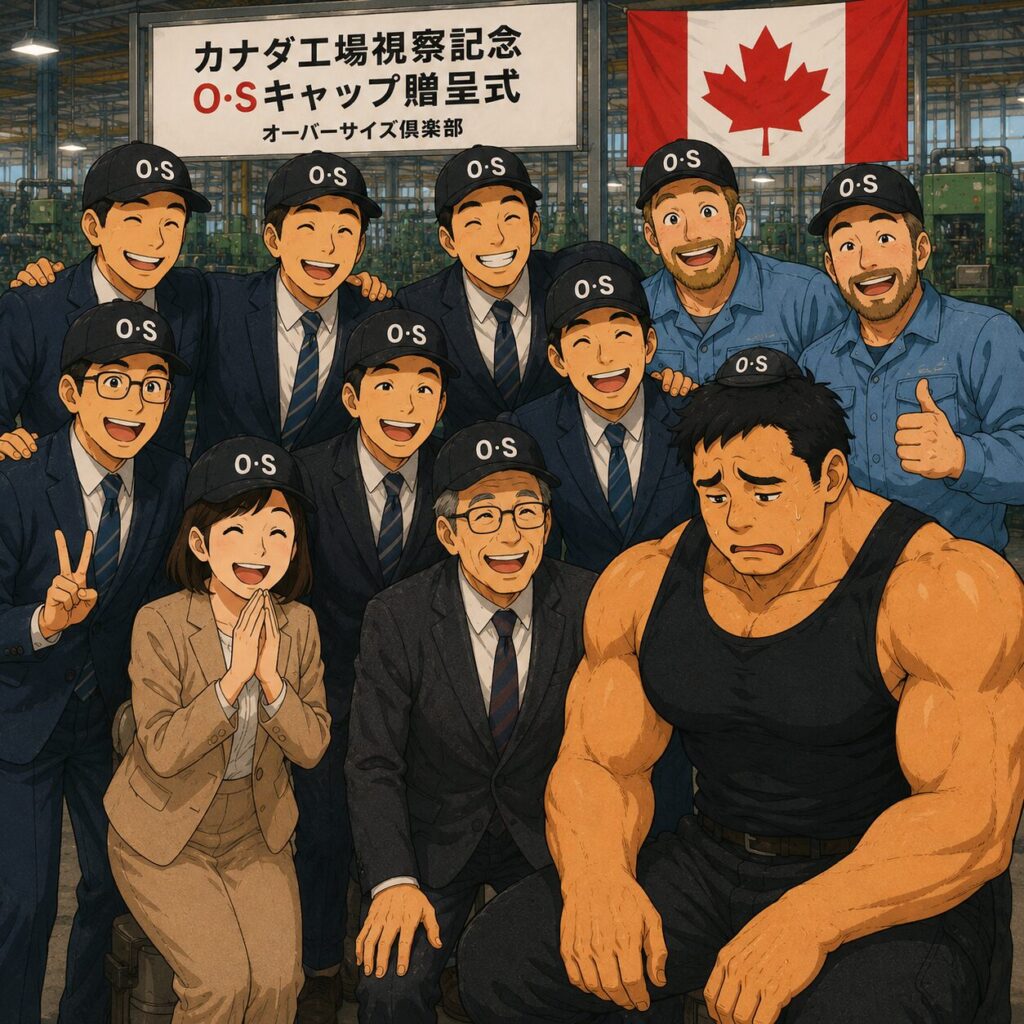 カナダの工場見学記念で、総勢10名の日加メンバーが「O・S」マーク入りの黒いCAPを被って笑顔で集合写真を撮っている。身長192cm、胸囲123cm、頭囲62cmのデカたま様だけは、帽子が小さすぎて頭の上にちょこんと乗っているだけの状態になっており、まるでおままごとセットのお父さん人形の帽子のよう。周囲が笑顔なのに対し、デカたま様だけが暗く切ない表情を浮かべている。