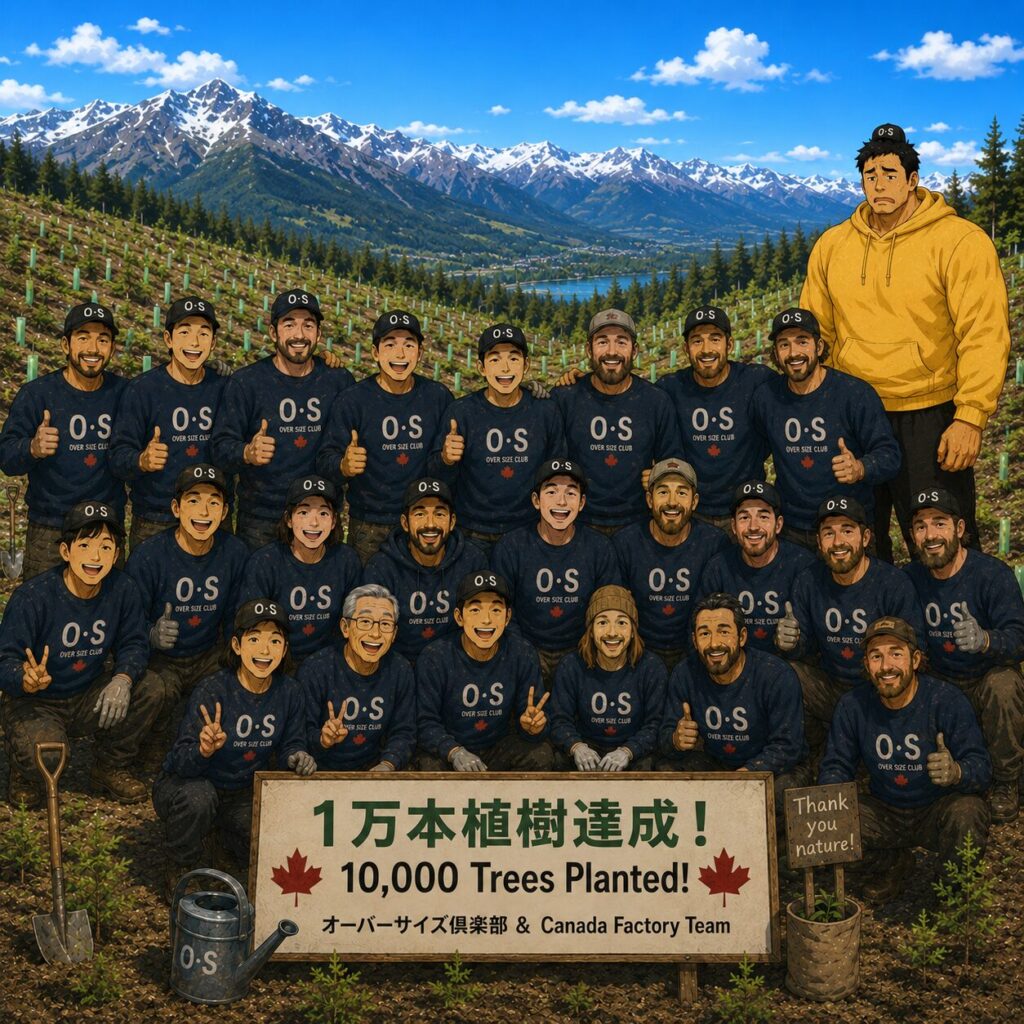 青空の下、カナダの壮大な山々と植林した斜面を背景に、日本人とカナダ人合わせて約20名が、1万本の植林を終えた記念撮影をしているイラスト。参加者全員が同じ「O・S」マーク入りの紺色トレーナーを着て笑顔を見せ、日本人はおそろいのCAPも被っている。一方、身長192cm・胸囲123cmのマッチョマンタッカーズだけは、トレーナーが小さすぎて着られず黄色いパーカー姿。CAPも頭の上に小さく乗っているだけで、周囲よりひときわ大きな体格が際立ち、少し切ない表情を浮かべている。背景には植えたばかりの木の苗が斜面一面に並び、植林活動の達成感が伝わる。