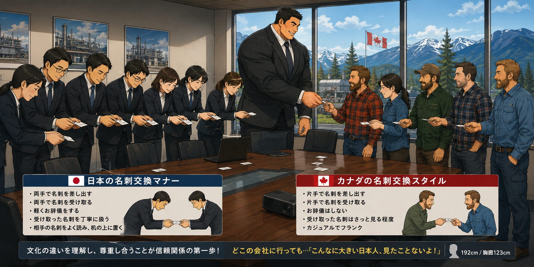 カナダの工場の会議室で、日本人10名とカナダ人スタッフ6名が初対面の名刺交換をしているイラスト。日本人はスーツ姿で、両手で名刺を差し出し、両手で受け取りながら軽くお辞儀をしている。一方、カナダ人スタッフはラフな普段着で、片手で名刺を渡し、片手で受け取るカジュアルなスタイル。身長192cm・胸囲123cmのマッチョマンタッカーズは参加者の中でひときわ大きく、どこの会社でも「こんなに大きい日本人は初めて」と驚かれるほどの体格が際立っている。会議室の窓からはカナダらしい雄大な景色が広がり、日本とカナダの文化の違いが伝わる場面となっている。