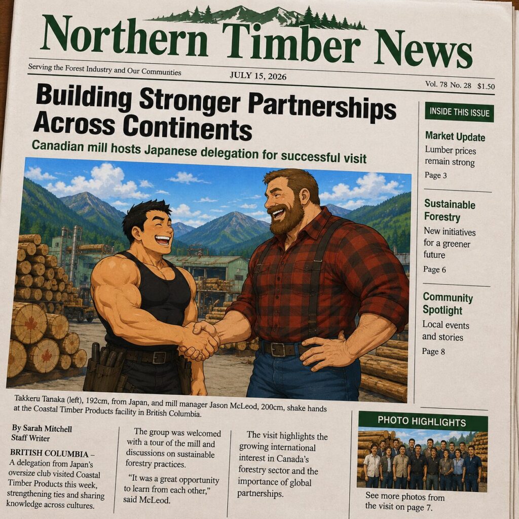 カナダの木材加工会社を紹介するカラー新聞の一面をイメージしたイラスト。広大な敷地には丸太が高く積み上げられ、7月の緑豊かな山々と青空が広がっている。記事のメイン写真では、身長192cm・胸囲123cmのマッチョマンタッカーズと、工場で一番大きい身長2メートルのカナダ人男性が笑顔で握手を交わしている。二人は周囲の人よりひときわ大きく、国際交流を象徴する記念写真として新聞に掲載されたようなデザインになっている。