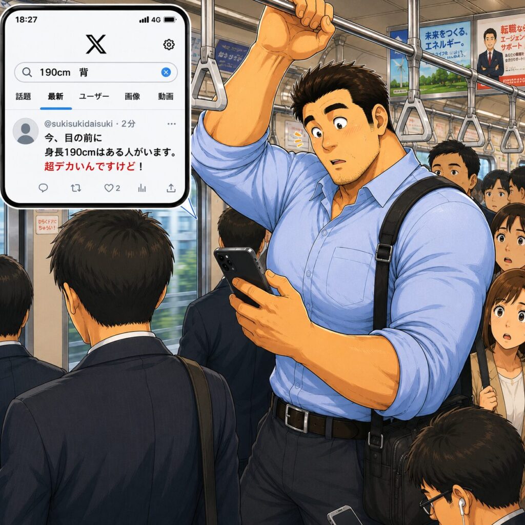 身長192cm・体重115kg・胸囲123cmの大柄なタッカーズ父さんが、会社帰りの満員電車で吊革上のバーにつかまりながらXで「190cm 背」と検索。リアルタイム投稿に「今、目の前に身長190cmはある人がいます。超デカいんですけど！」と表示され、思わず前を見て「もしかして自分のこと？」と驚いているコミカルなイラスト。