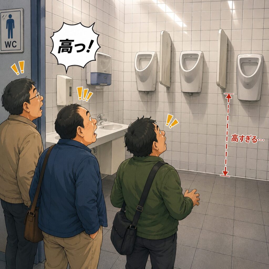 オランダの空港トイレを舞台にしたコミカルなイラスト。平均身長183cmと世界一身長が高い国らしく、高い位置に設置された小便器を見て、身長160cmほどの日本人男性3人が「高っ！」と驚きながら見上げている様子を描いている。