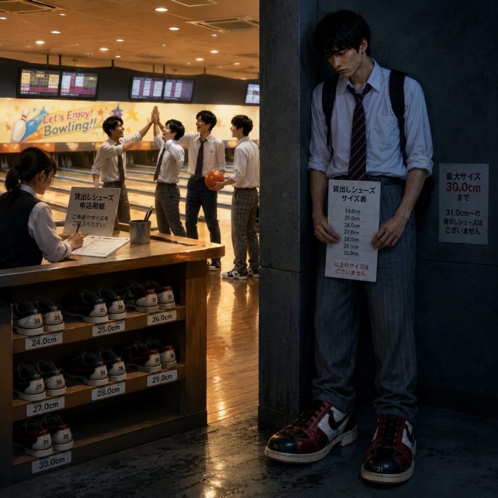 高校時代の身長192cm・足サイズ31cmの男子生徒が、ボウリング場の柱の陰から寂しそうに仲間たちを見つめている。貸出シューズの案内には「最大30.0cmまで」と書かれており、彼だけ靴を借りられなかった様子。遠くの明るいレーンでは友人たち4人がボウリングを楽しみながらハイタッチしている。楽しい雰囲気のボウリング場と、ひとりだけ参加できず暗い場所で落ち込む姿との対比をコミカルかつ切なく描いたイラスト