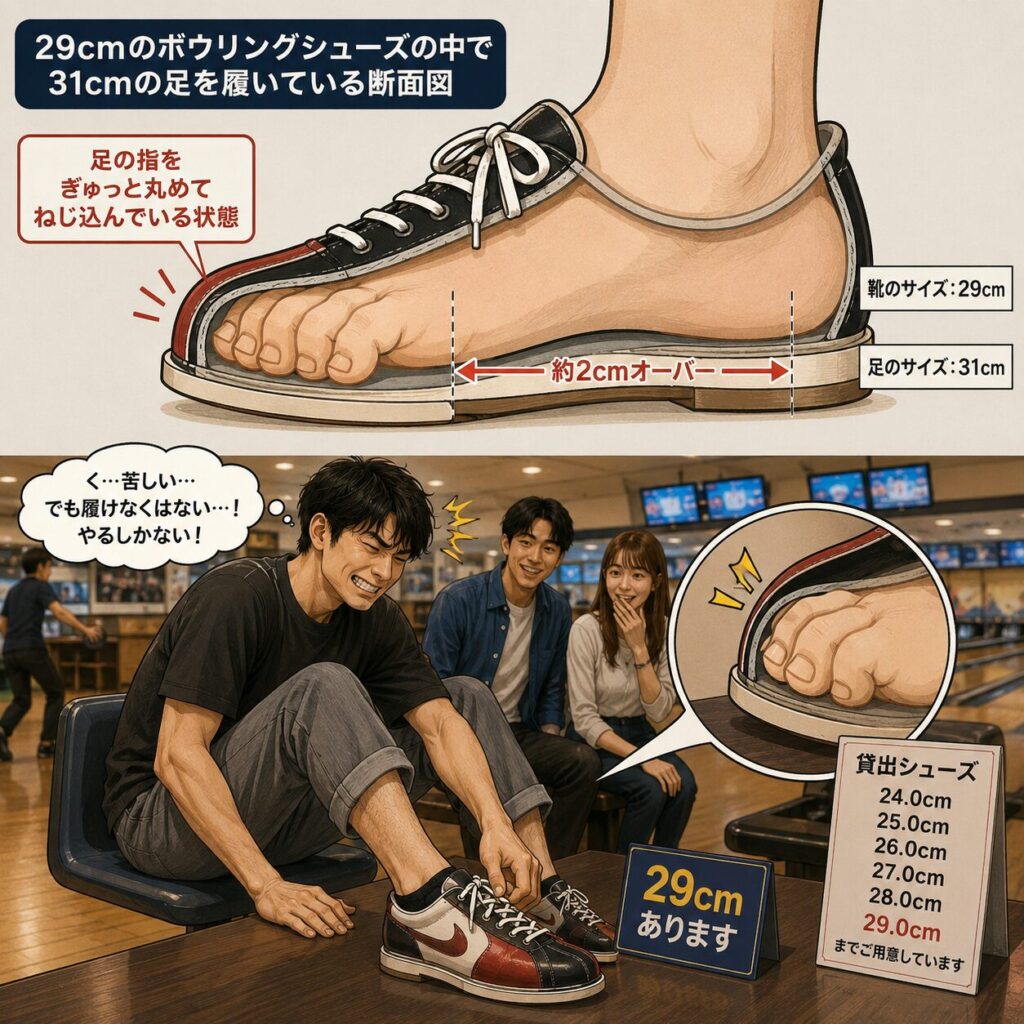 20歳の身長192cm・足サイズ31cmの男性が、ボウリング場で29cmの貸出シューズを無理やり履こうとしている様子を描いたコミカルなイラスト。上部にはシューズの断面図があり、足の指をぎゅっと丸めて靴の中へ押し込んでいる状態が分かりやすく表現されている。下部では男性が苦しそうな表情で靴ひもを締めながら履いており、隣では会社の先輩と先輩の彼女が驚いた様子で見守っている。貸出シューズ一覧には29cmまでしかなく、大きな足ゆえの苦労をユーモラスに描いた作品。
